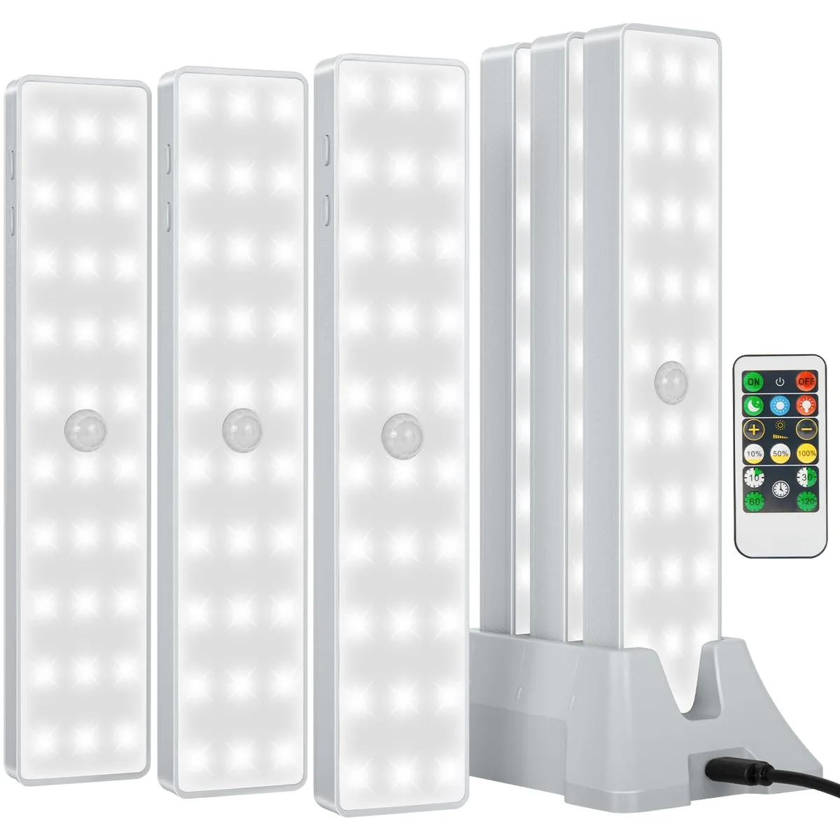 Six white rectangular LED bars with a matching charging dock, smooth matte finish