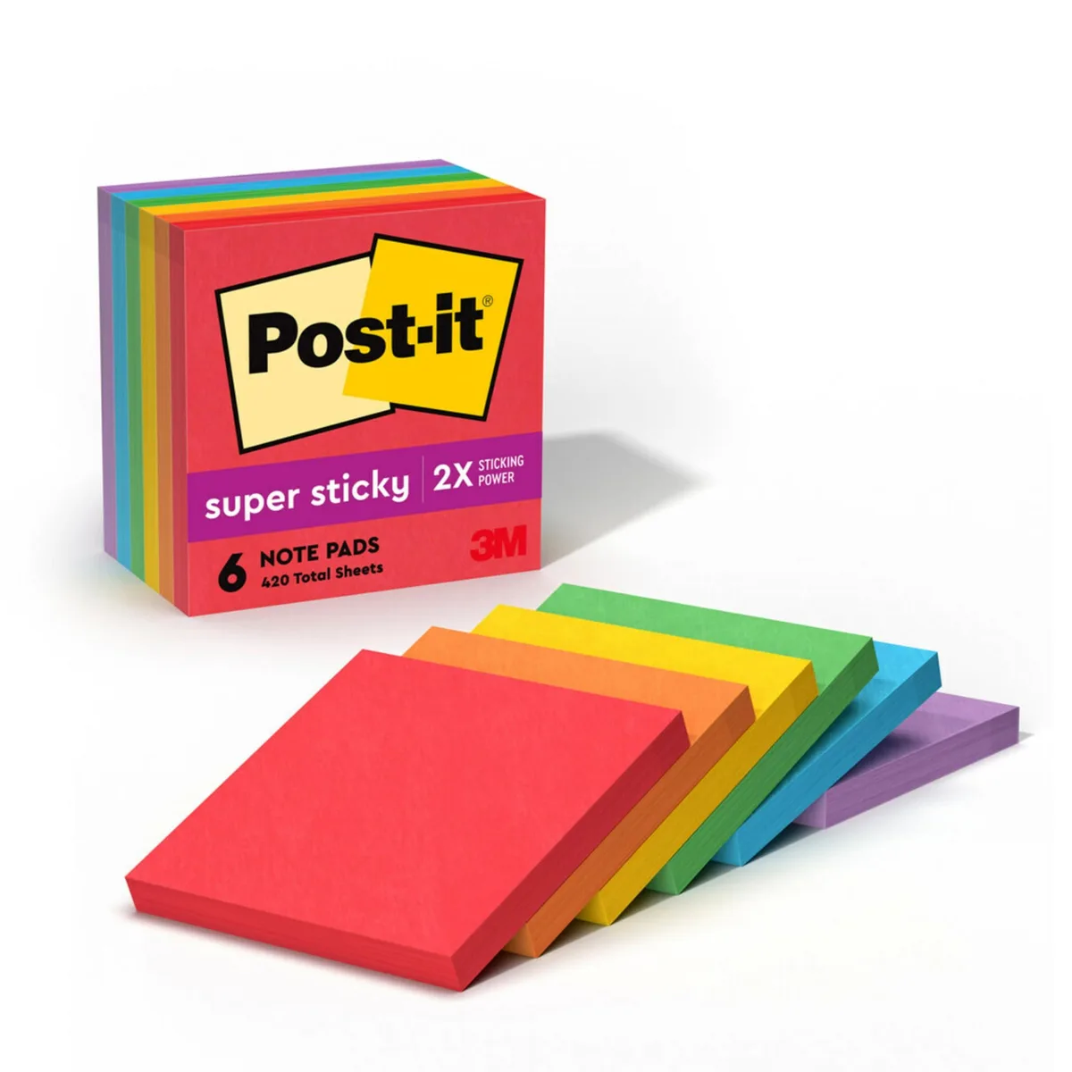 Six square pads of bright primary-coloured sticky notes in a cardboard pack