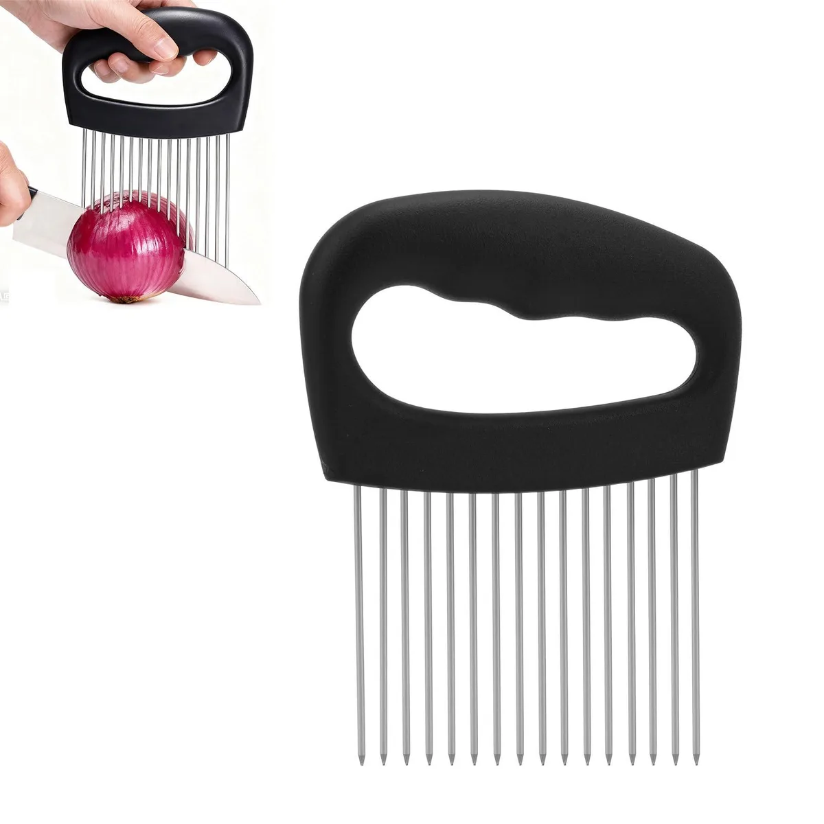Stainless steel onion slicer with 16 needles black PP handle 14.5x11.8cm