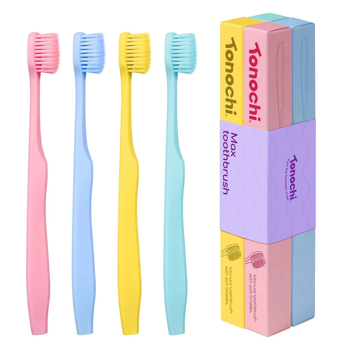 Four manual toothbrushes in pastel macaron colours, wide heads, extra-soft tapered bristles, ergonomic non-slip handles