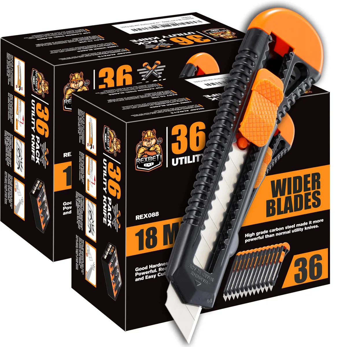 Orange retractable utility knives with 18mm carbon steel blades, 72 pack