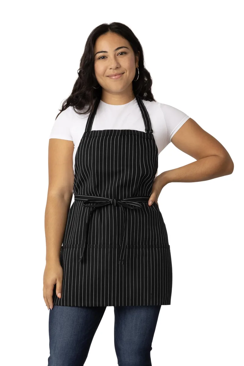 Black and white pinstripe bib apron with three front pockets, adjustable neck buckle and waist ties