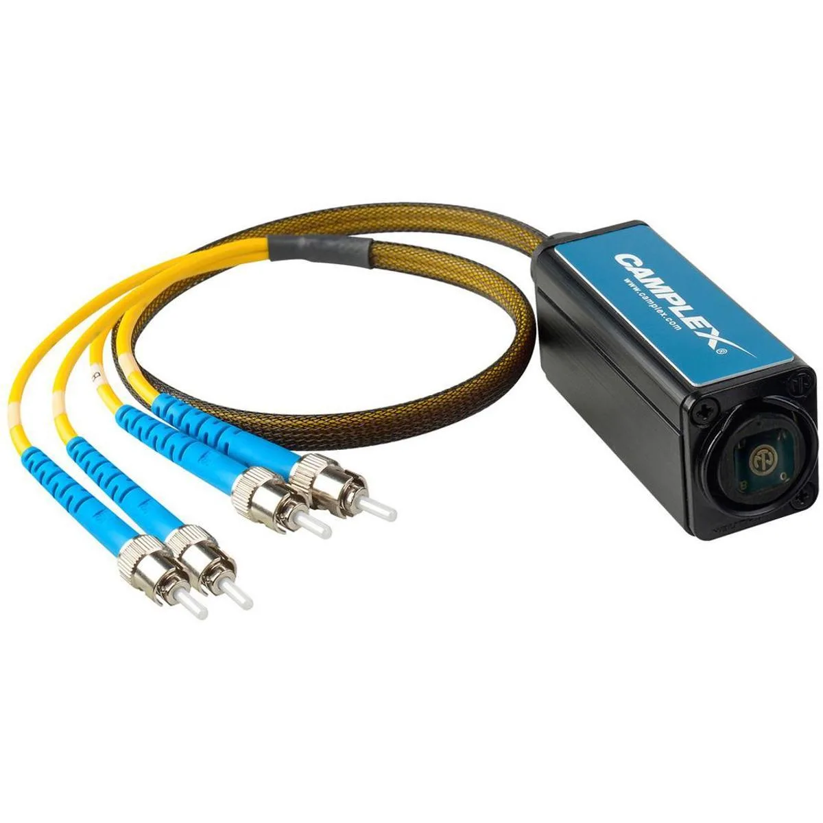 Camplex OPADAP-7 opticalCON QUAD to ST singlemode breakout adapter, 1 meter channels, Techflex tubing, dust cap