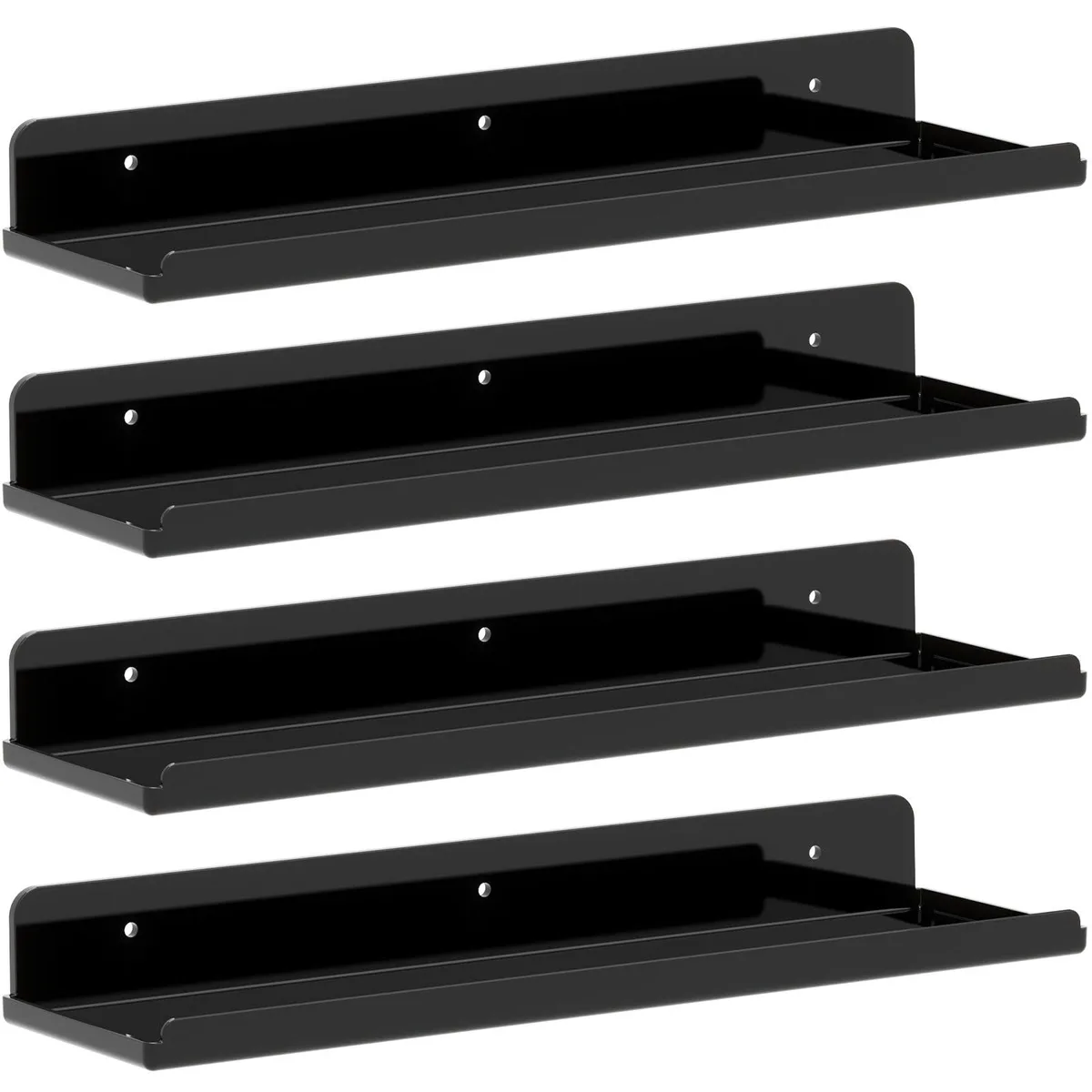 Four black acrylic wall shelves, 14 inches long with front and side lips