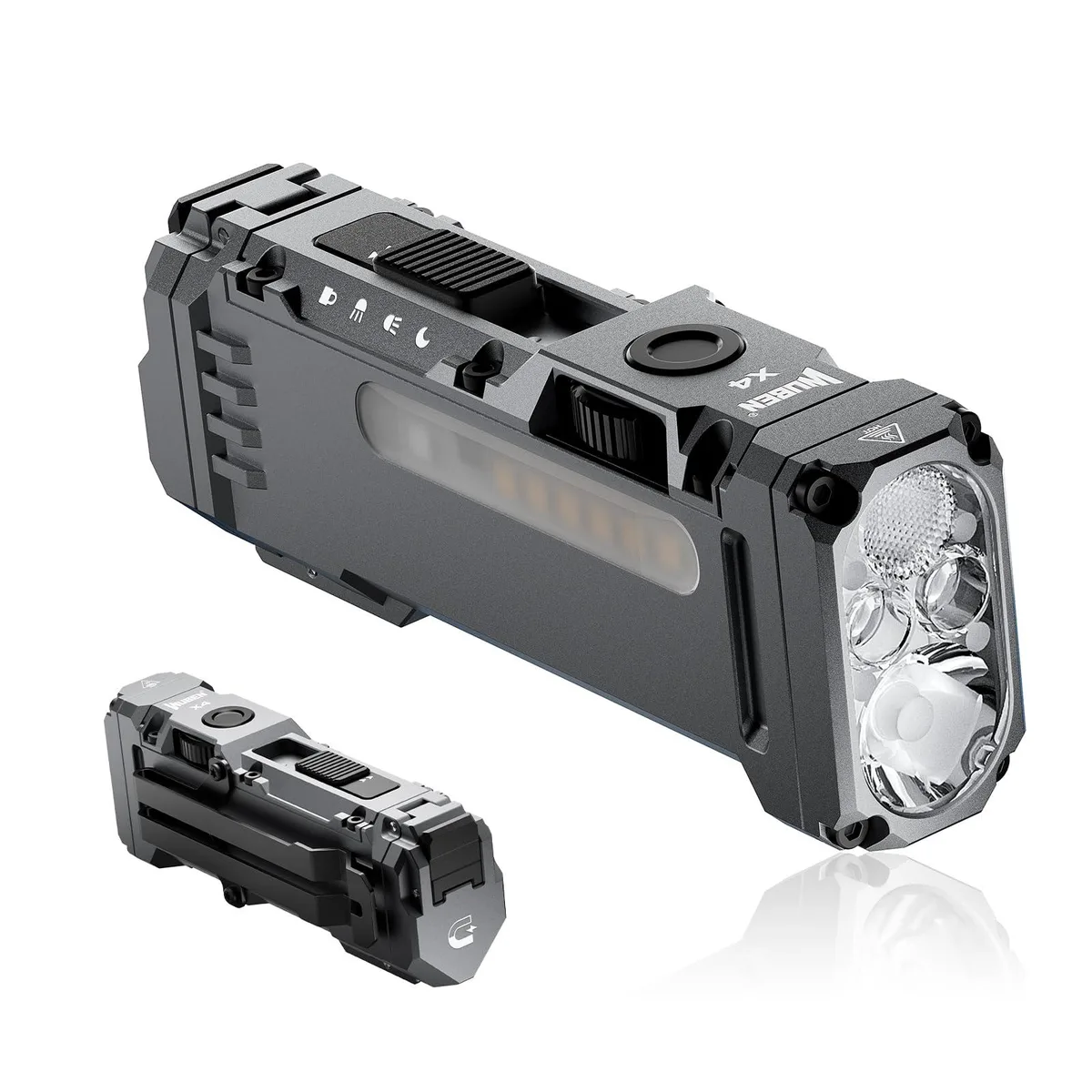 Compact rectangular aluminium flashlight with clip, toggle and rotary switches, magnetic tail, USB-C port visible in moonlight mode