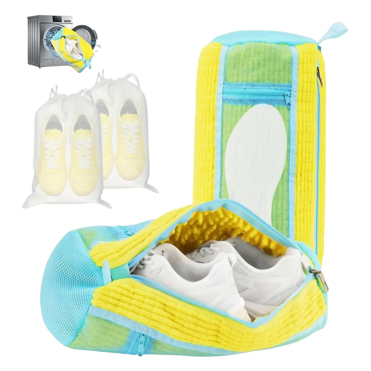 Two beige mesh shoe washing bags with concealed zippers and side openings