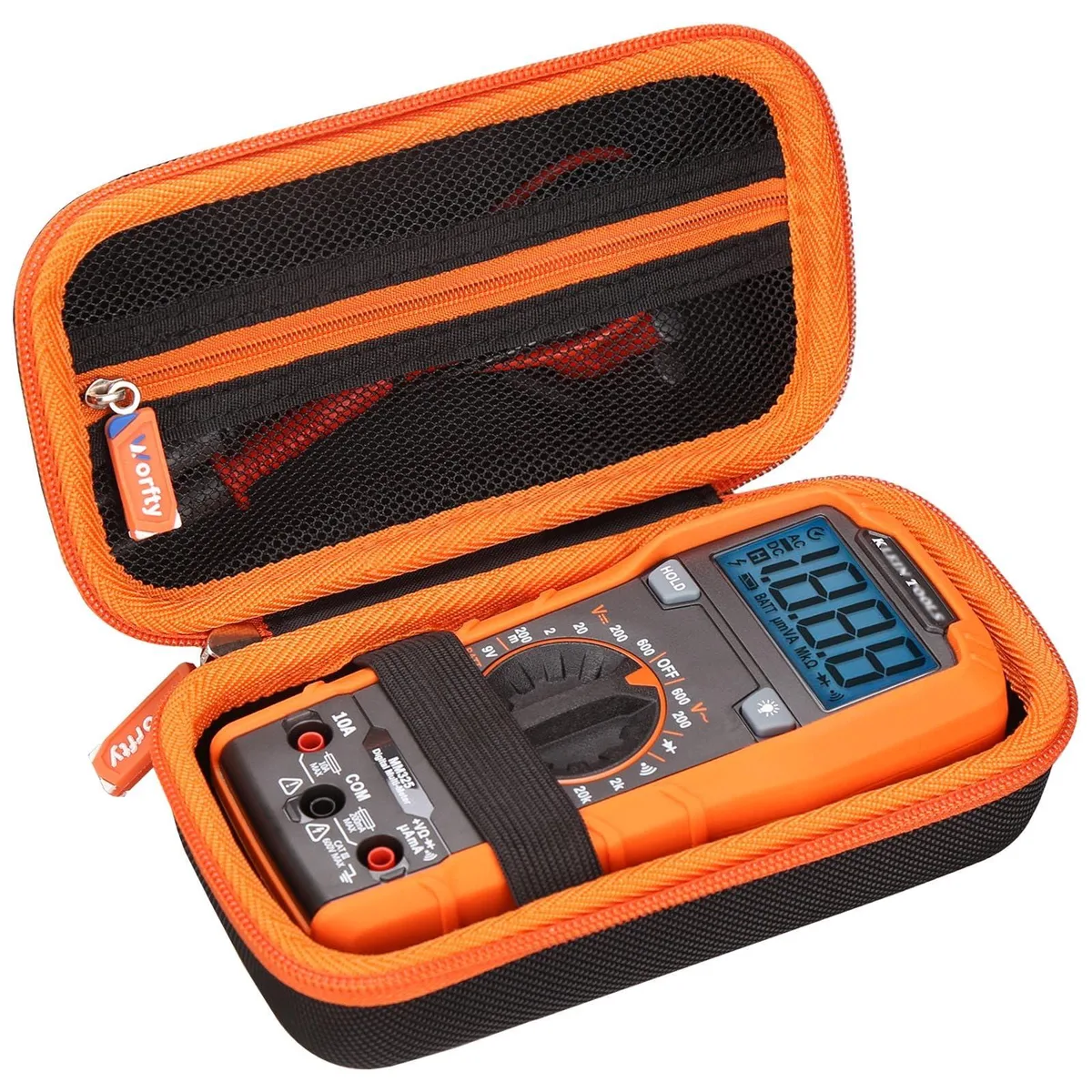 Black EVA hard case with zipper and carry handle, rectangular with rounded corners