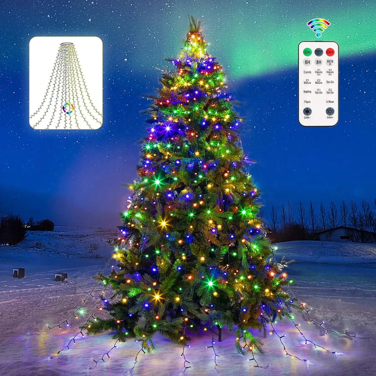 Ten green-wire strands with 400 diamond LEDs hanging from a top ring, remote and plug adapter visible