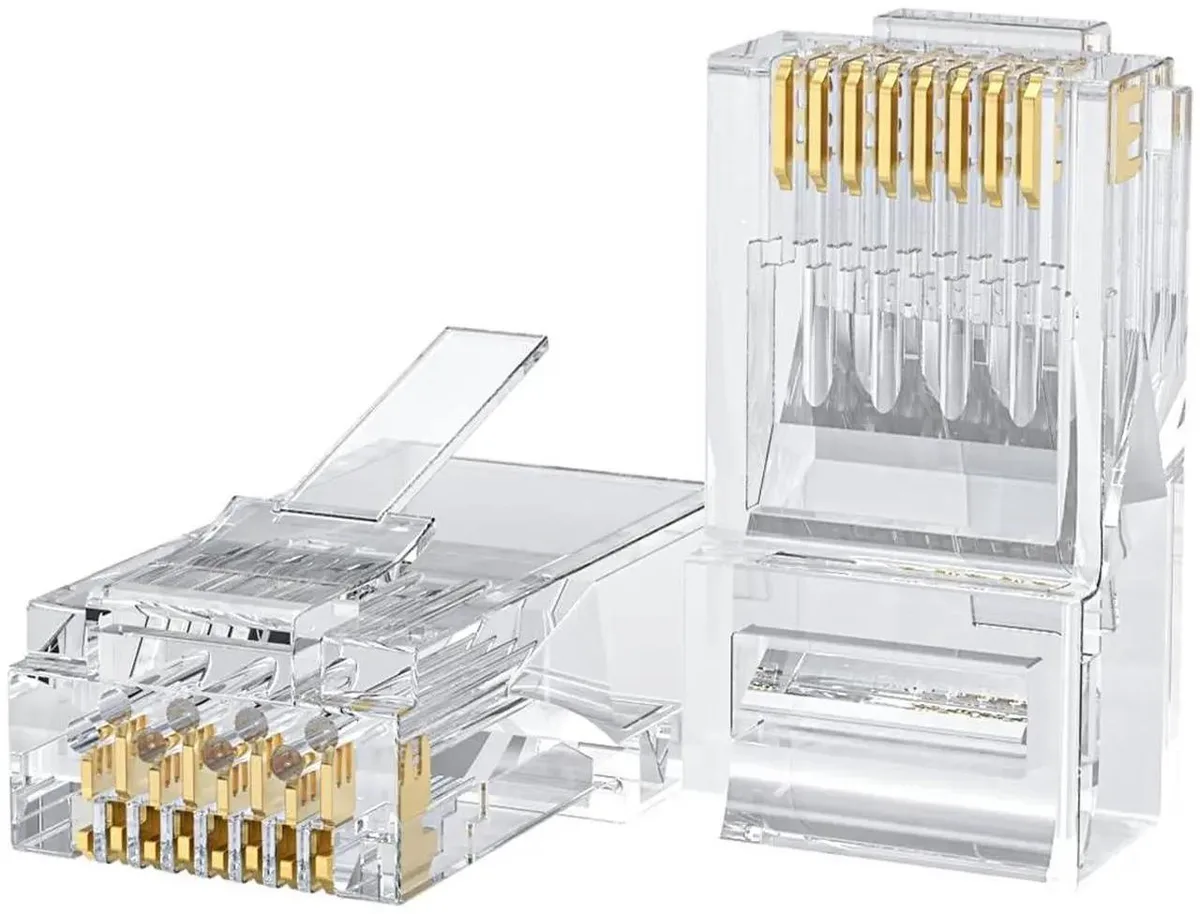 Fifty transparent Cat6 RJ45 plugs with gold contacts