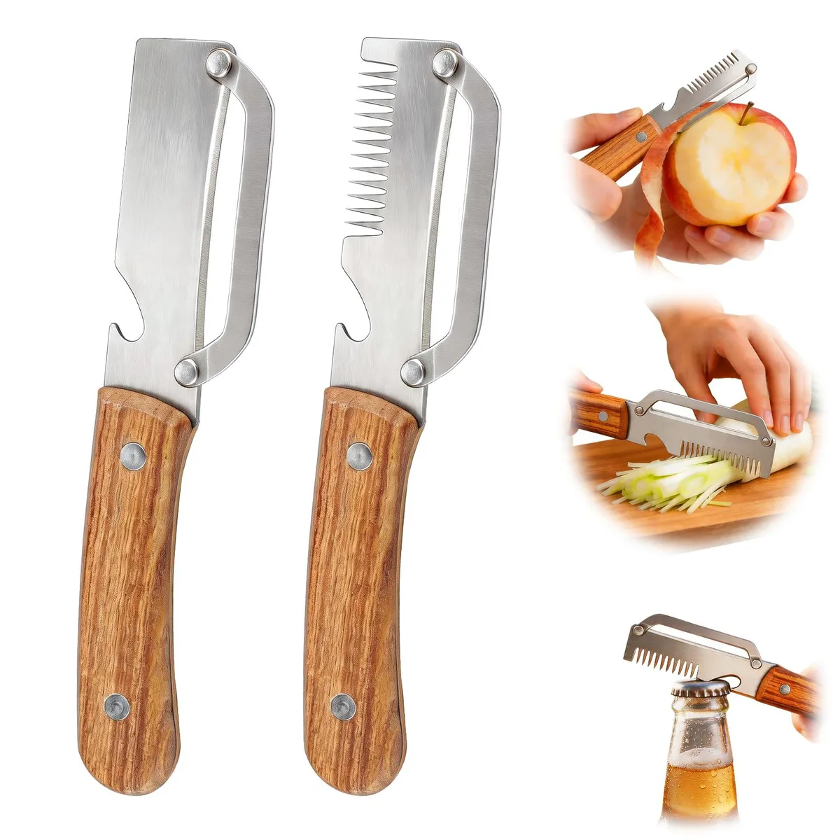 Two wooden-handled stainless steel peelers with julienne blade and bottle opener