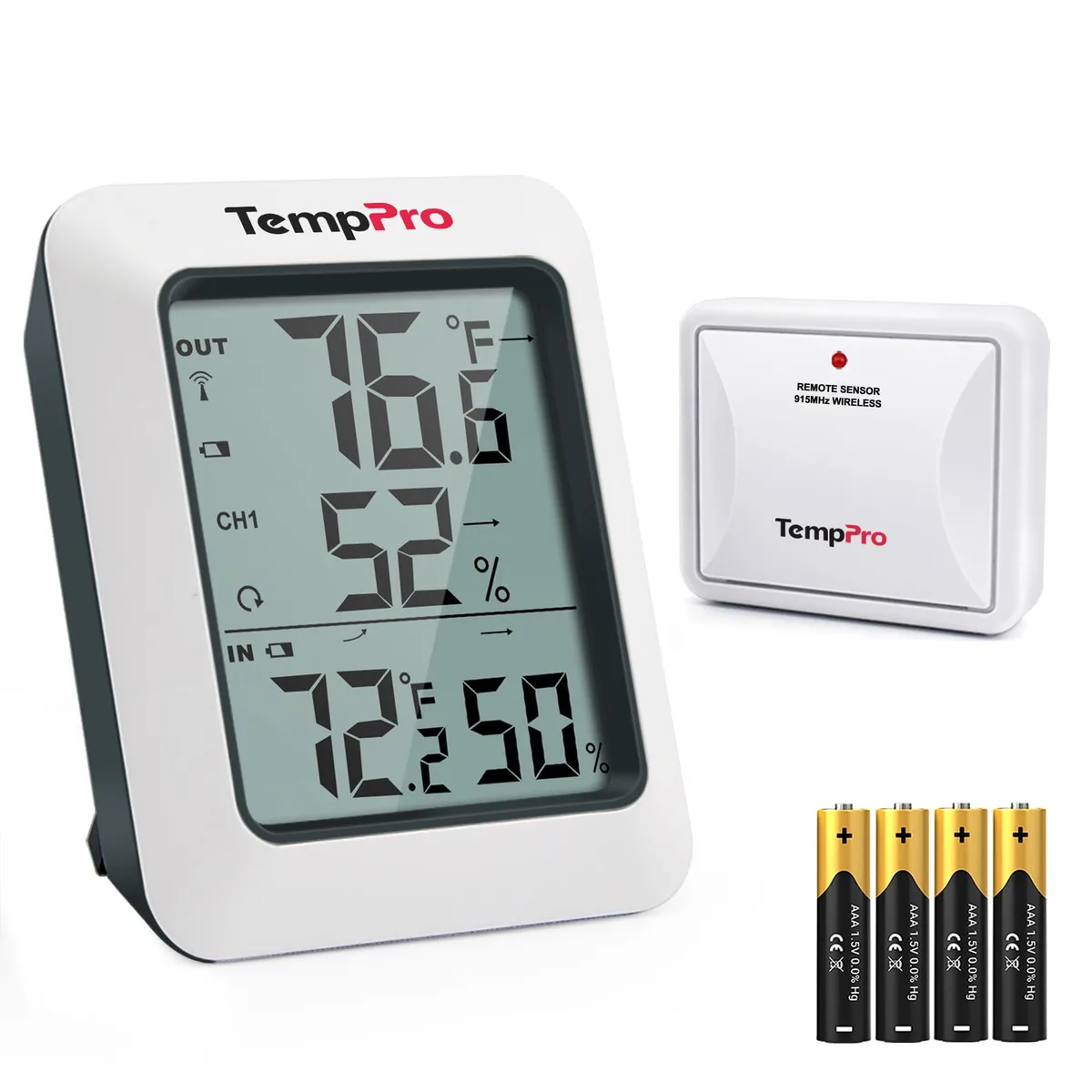 White wireless hygrometer thermometer with 3.1 by 2.6 inch LCD display and one remote sensor