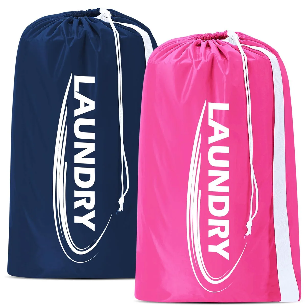 Beige rectangular laundry bag with drawstring and shoulder strap