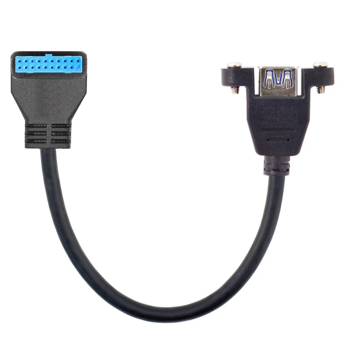 USB 3.0 Type-A female screw-mount to 20-pin header 90-degree angled cable 25cm