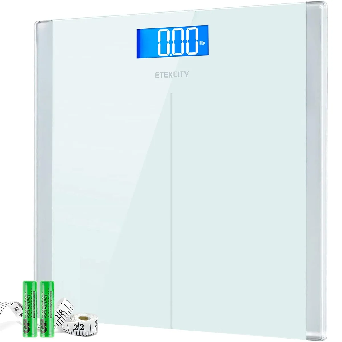 White square digital bathroom scale with tempered glass platform and LCD display