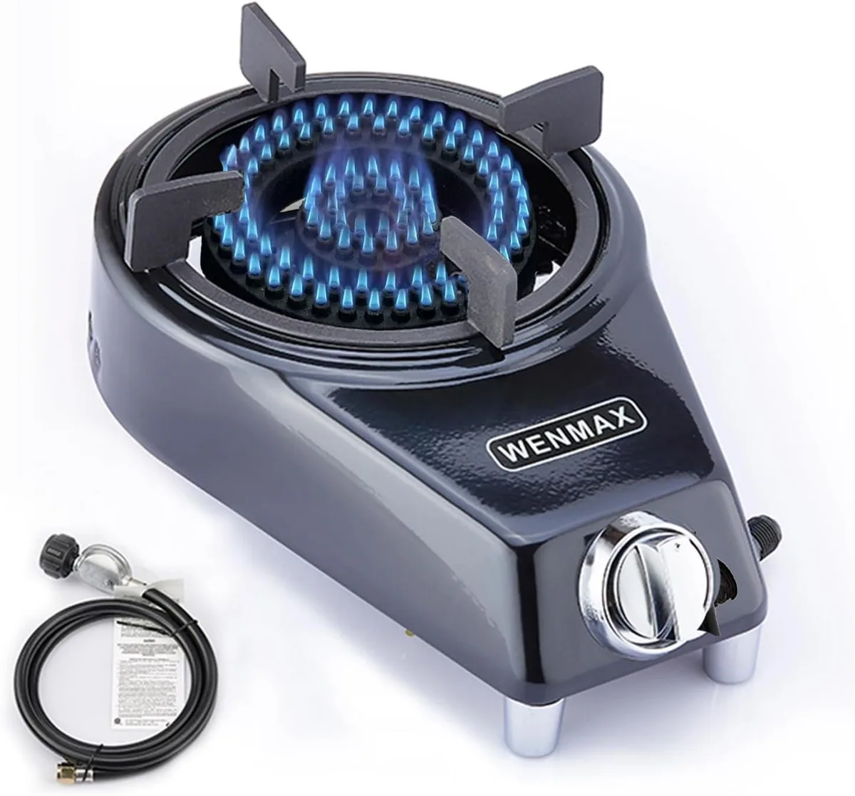 Compact silver single-burner propane stove with control knob and hose connection