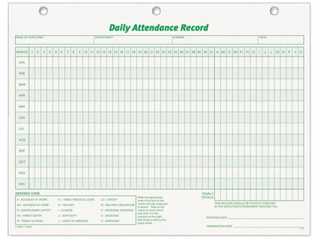 TOPS TOPS 3284 Daily Attendance Card 11 x 8 1/2 50 Forms — product photo