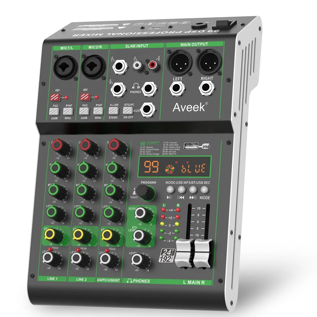 Aveek F4 4-Channel Audio Mixer 48V Phantom 99 DSP 1.3 kg — product photo