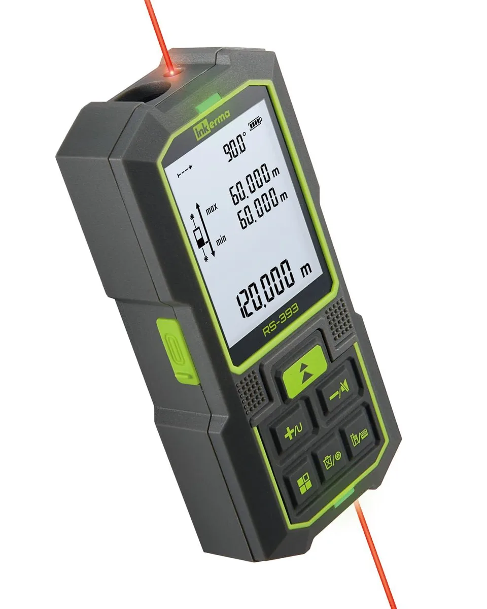 Green plastic handheld laser distance meter with dual laser apertures