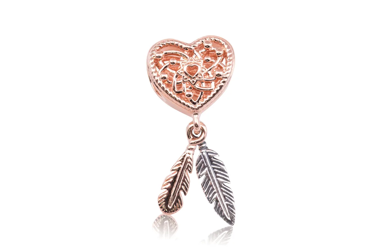 PANDORA PANDORA Openwork Heart & Two Feathers Dreamcatcher Charm Silver — product photo