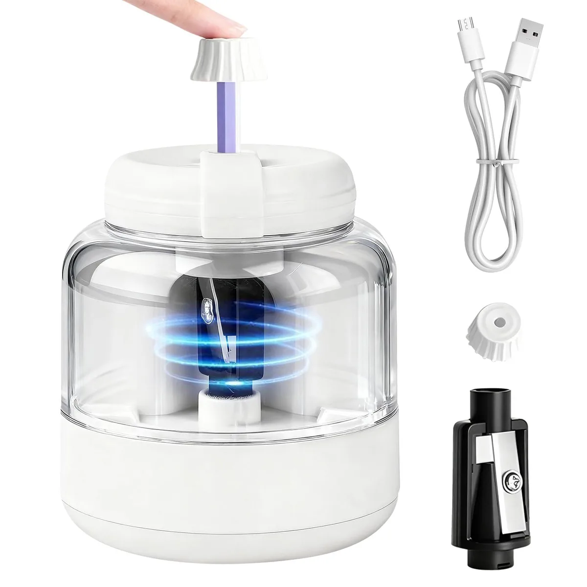 White compact electric pencil sharpener with Type-C port and shavings container
