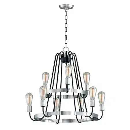 Black and satin nickel chandelier with nine curved arms descending from a central ring, twenty-seven inches wide