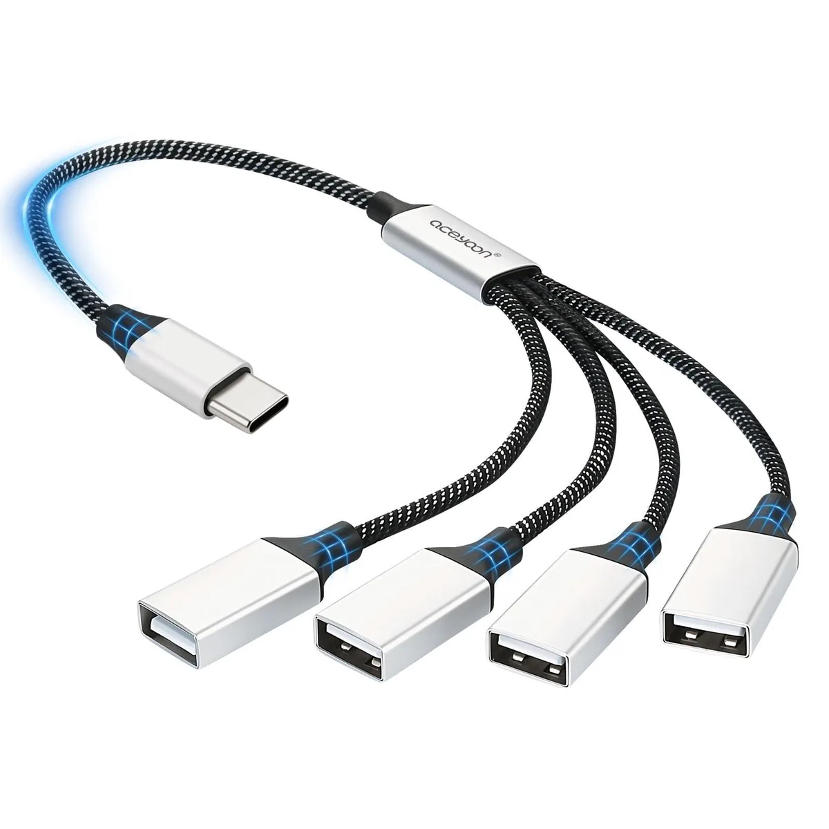 Short braided USB-C cable splitting into four USB-A ports