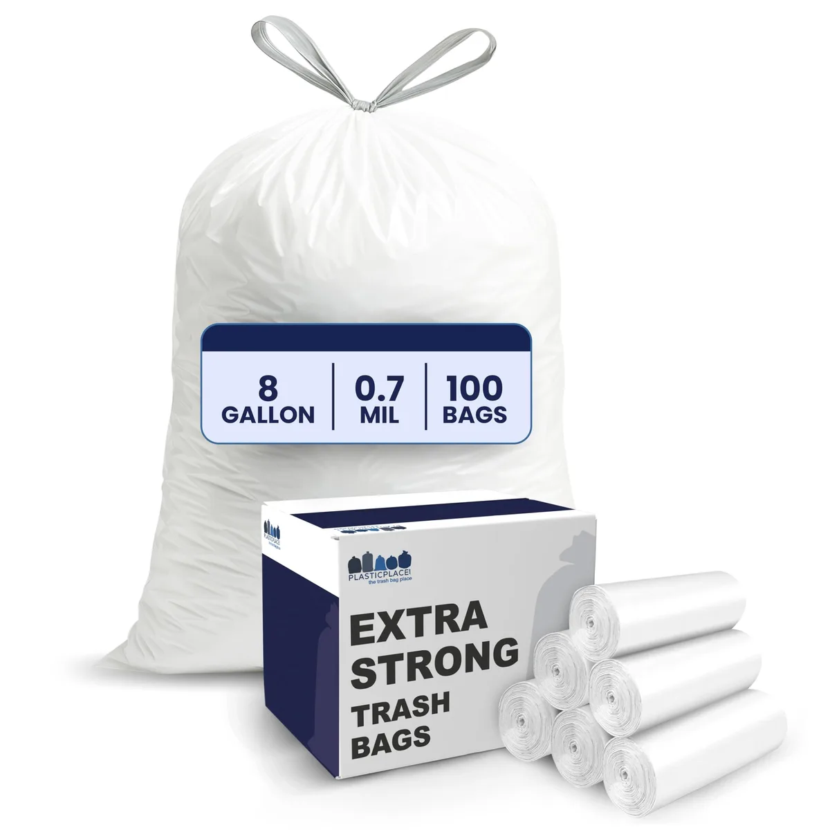 White drawstring trash bags in a 100-count pack, 8 gallon size, 0.7 mil thickness