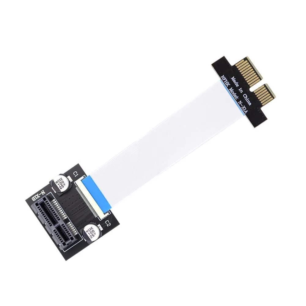A flexible 10 cm PCIe 1x riser ribbon with a 90-degree angled connector and an auxiliary power cable