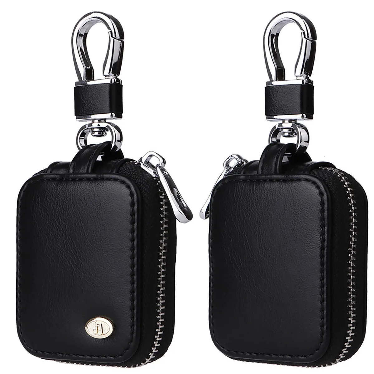 Black PU leather earbud pouch with zipper and metal keychain, rectangular 2.8 x 2.2 x .8 in