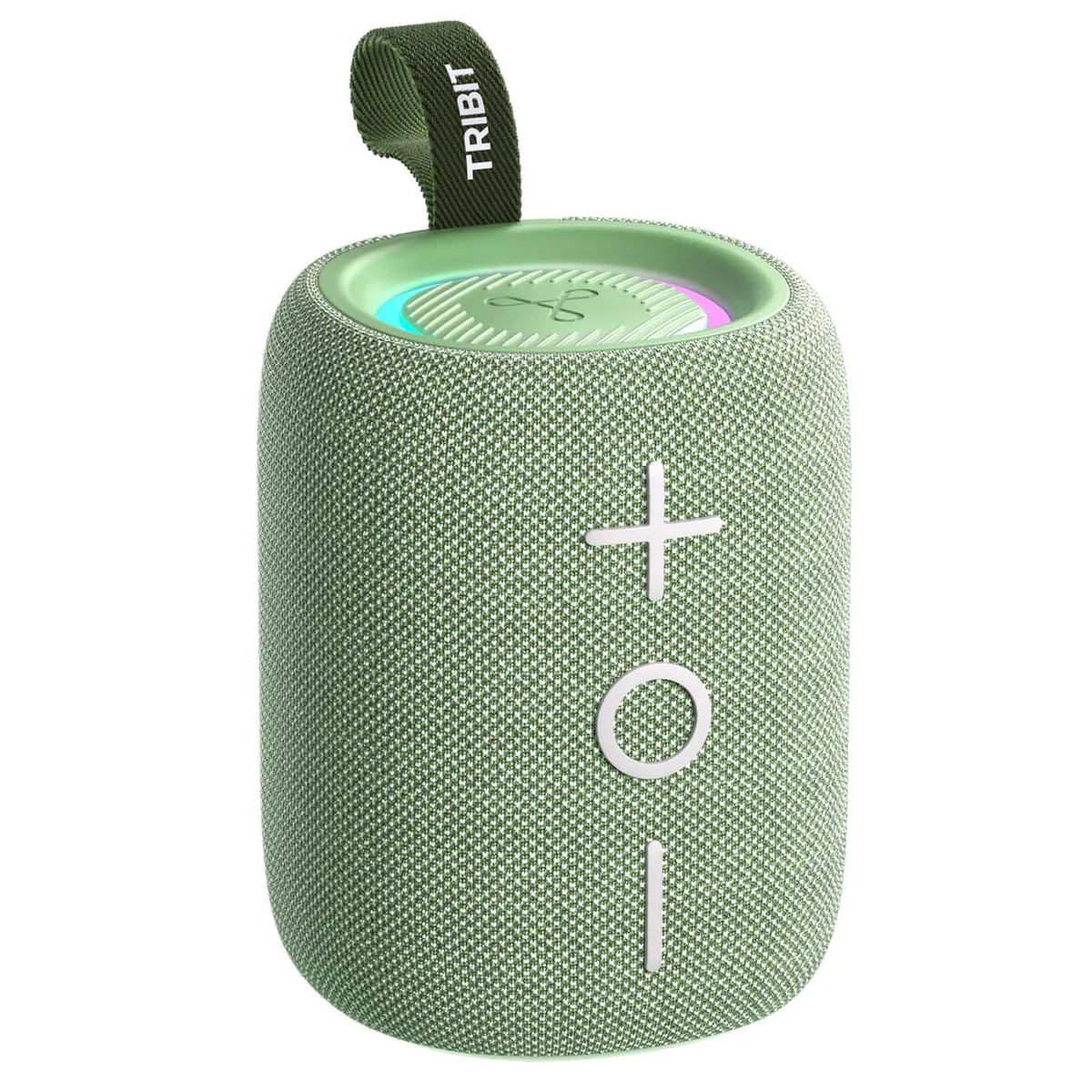 Compact green cylindrical Bluetooth speaker with fabric wrap and flat ends