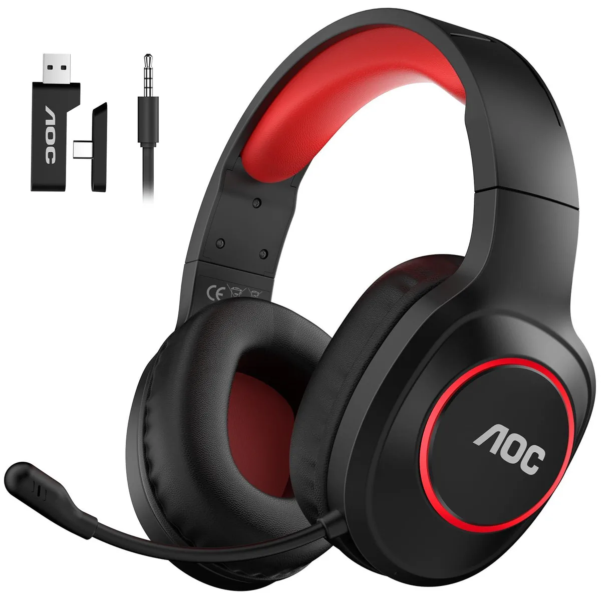 Red over-ear wireless gaming headset with adjustable headband and boom microphone
