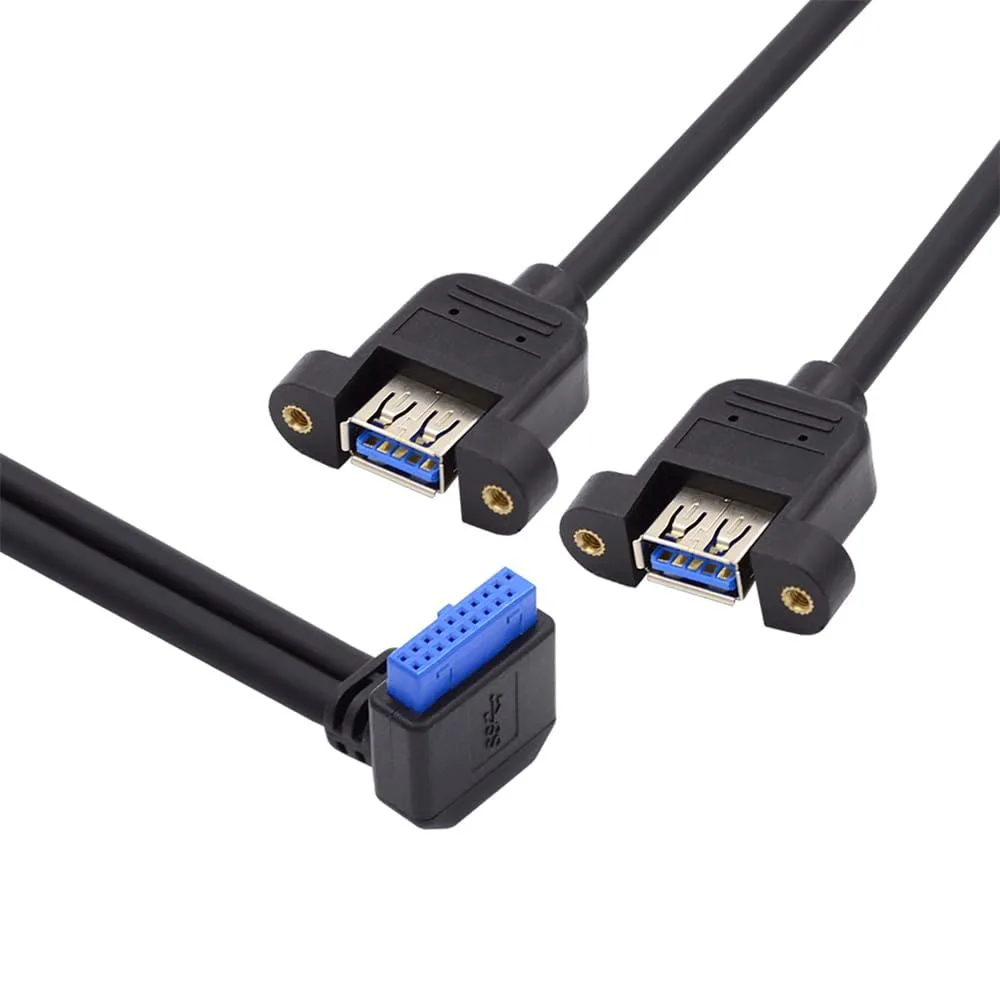 Fervit Fervit 19/20Pin Header to USB 3.0 Dual Port Female Screw Mount Cable 30cm 90 Degree 5Gbps — product photo