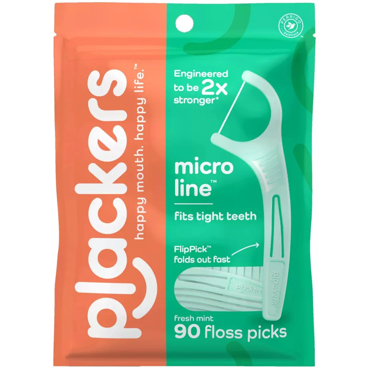 Three white resealable packs of mint dental flossers with fold-out picks