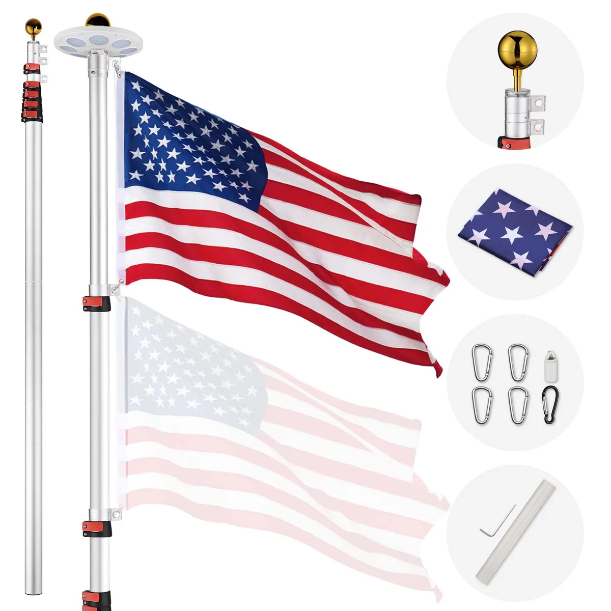 Yescom USA, Inc. Yescom USA, Inc. 30 Ft Telescopic Aluminum Flag Pole Kit with 136 LED Solar Light US Flag — product photo