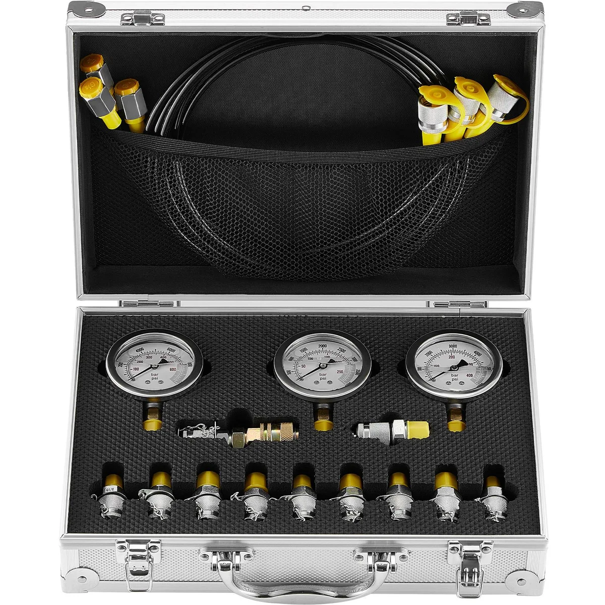 VEVOR VEVOR Hydraulic Pressure Test Kit 250/400/600 bar 3 Gauges 11 Couplings 3 Hoses 1.6 m Case — product photo