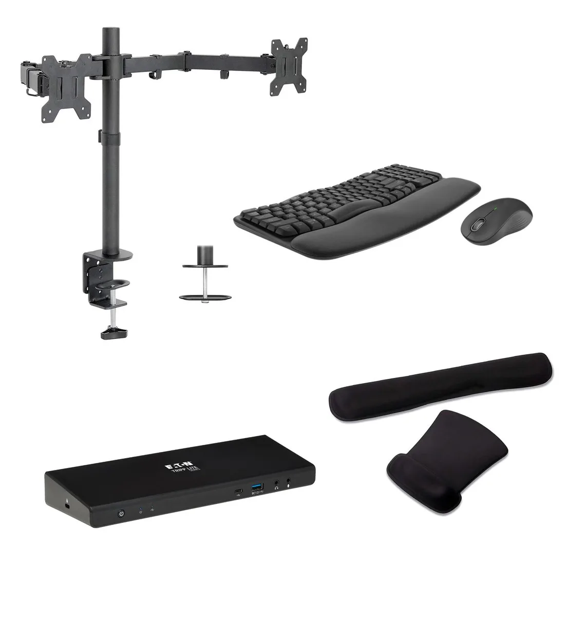 Tripp Lite Tripp Lite USB-C Dock 85W Dual 4K/5K Bundle with MK670 Keyboard Mouse Dual Monitor Stand Gel Wrist Rest — product photo