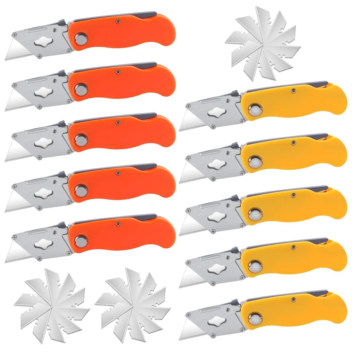 Ten orange and yellow folding knives with thirty spare blades