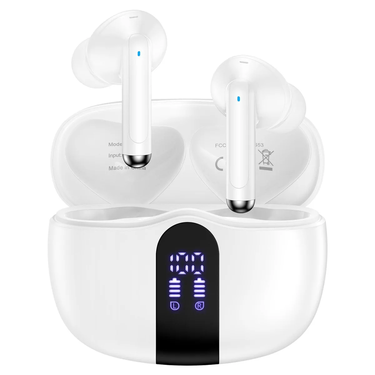 White in-ear buds with matching charging case, LED display visible