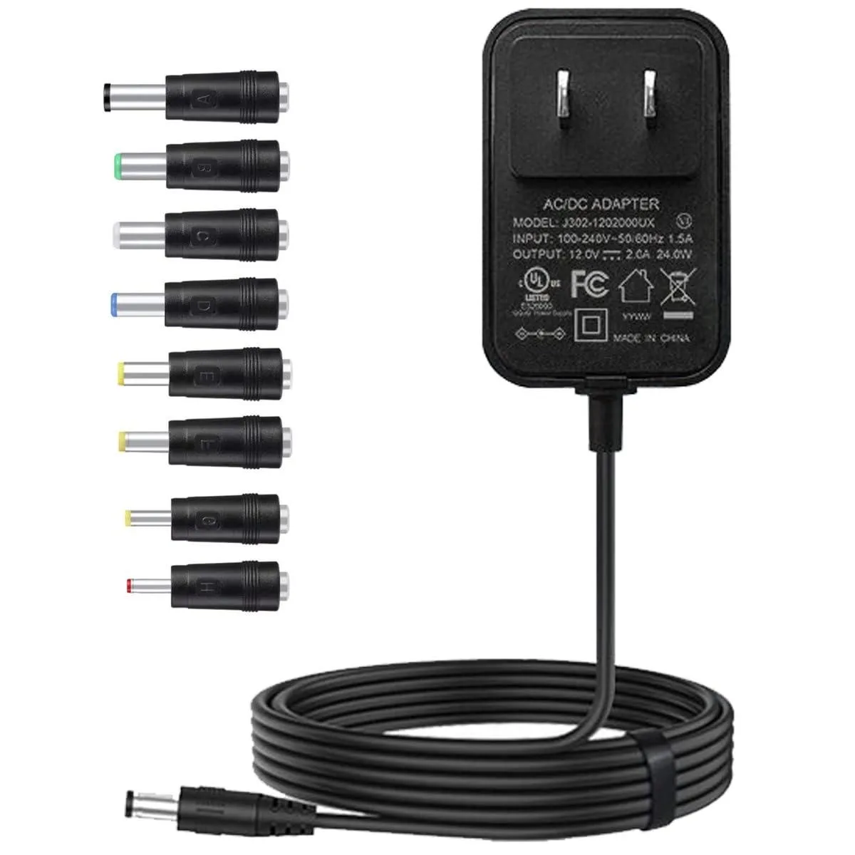 Black rectangular 12V 2A power adapter with 1.5m cord and eight interchangeable DC tips
