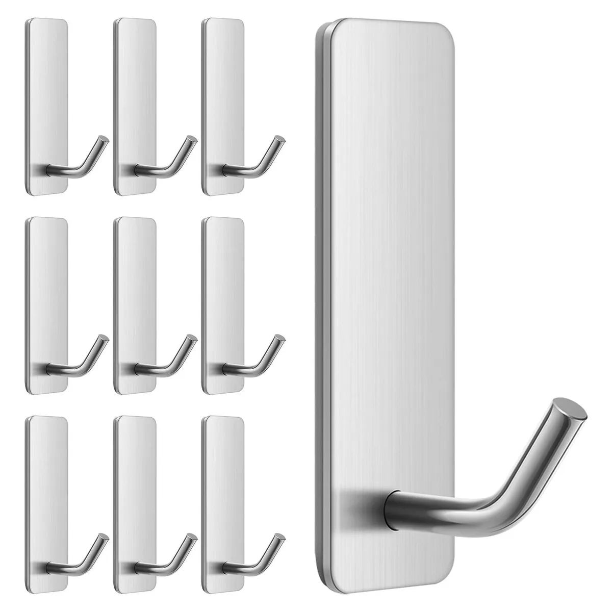 Ten small brushed stainless steel adhesive hooks in silver finish