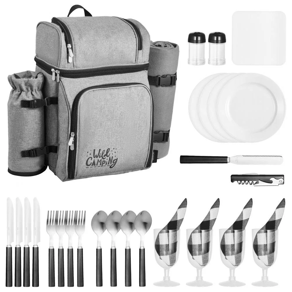 Grey picnic backpack with insulated cooler compartment and detachable bottle holder