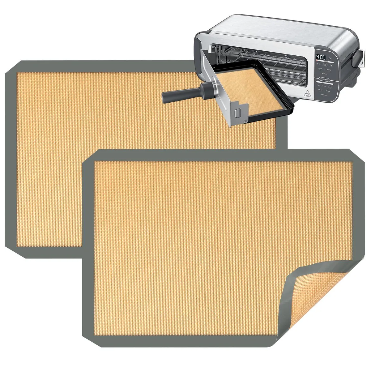Two rectangular gray silicone mats with cut corners, each 9.6 by 5.6 inches