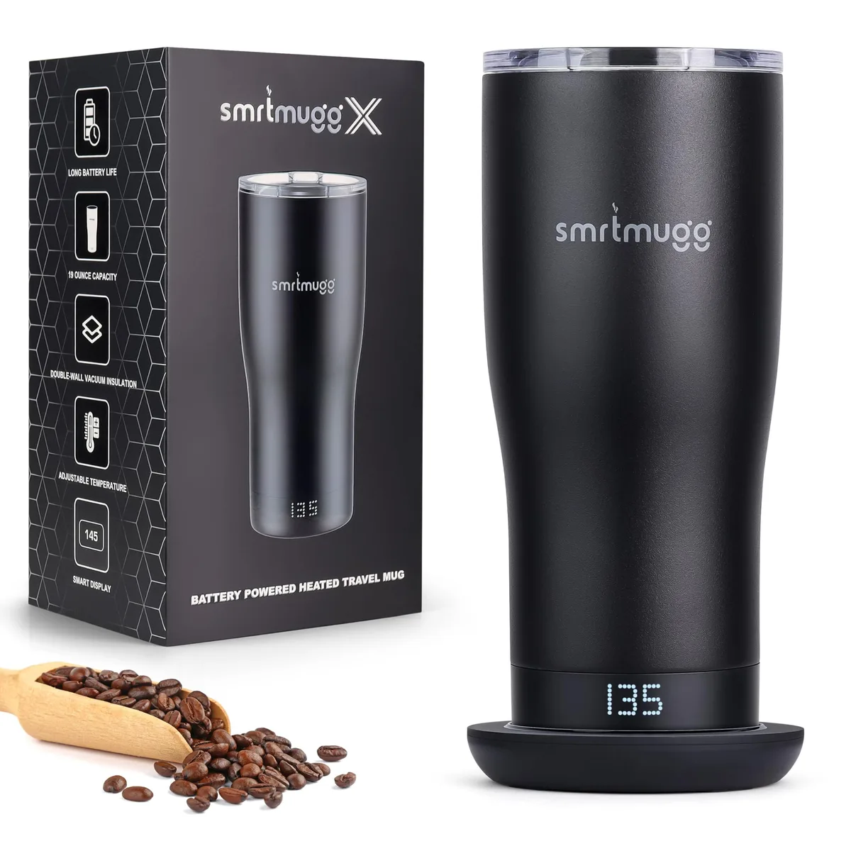 Black heated travel mug with LCD screen and magnetic slider lid