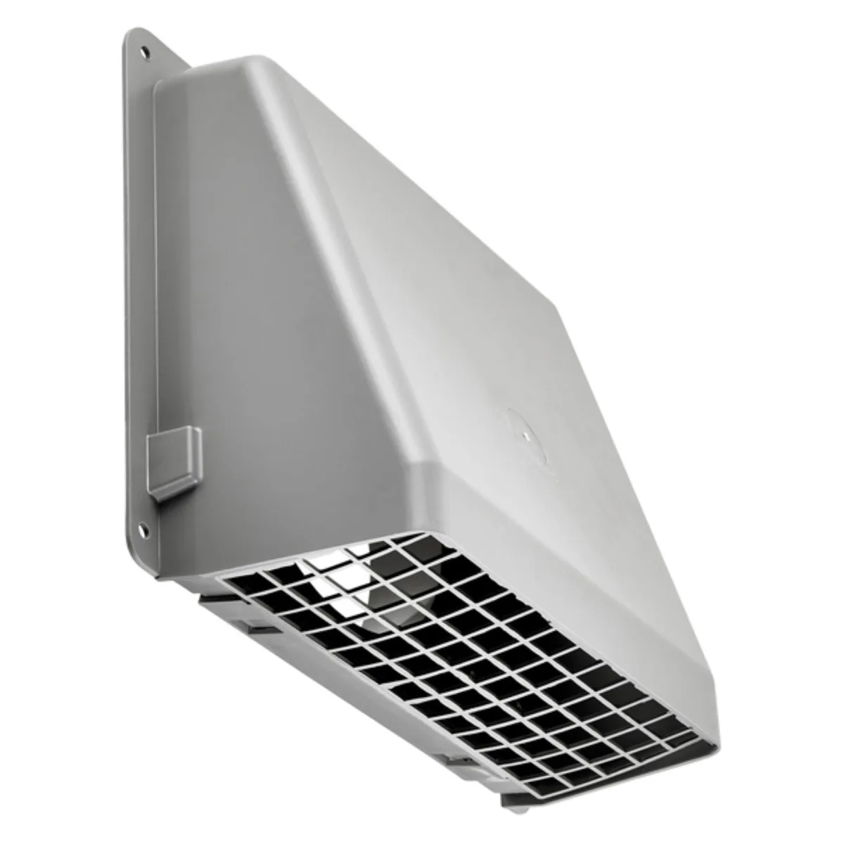 Gray plastic wall vent cap with spring damper and bird screen