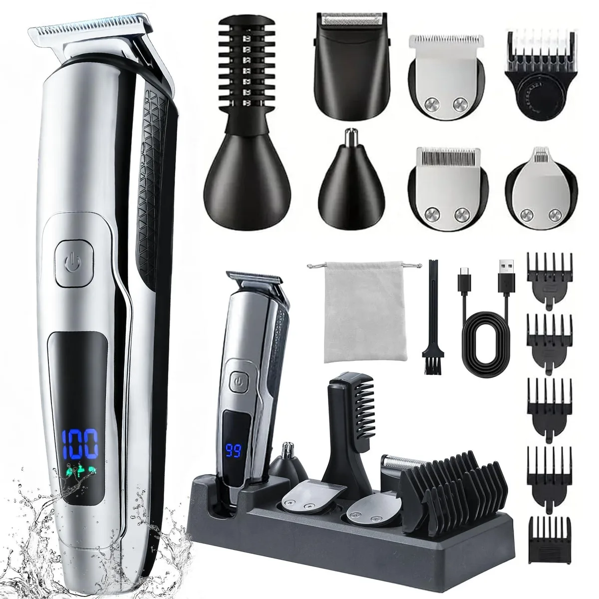 Black cordless grooming kit with five attachments and travel bag