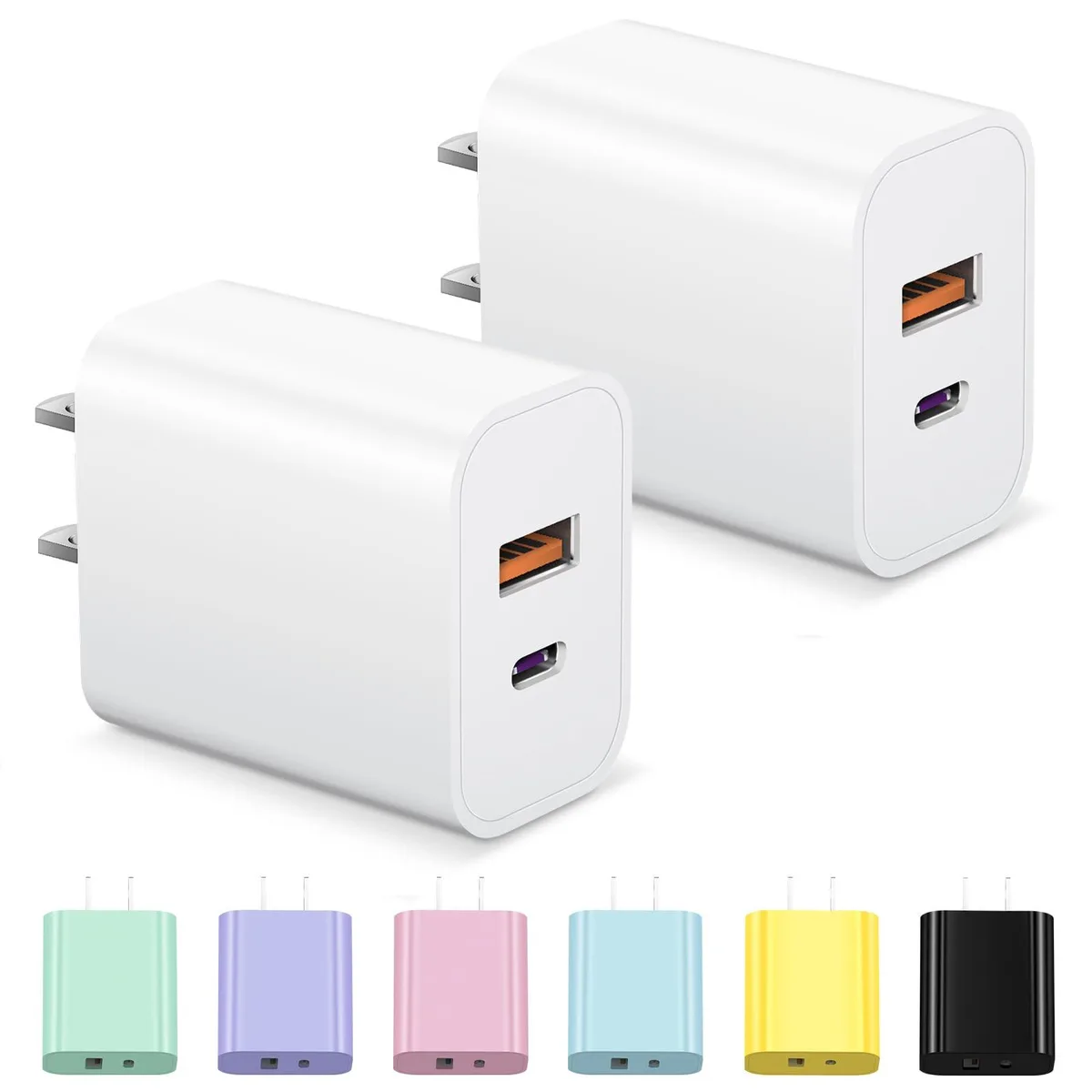 Compact white dual-port wall charger with USB-C and USB-A sockets