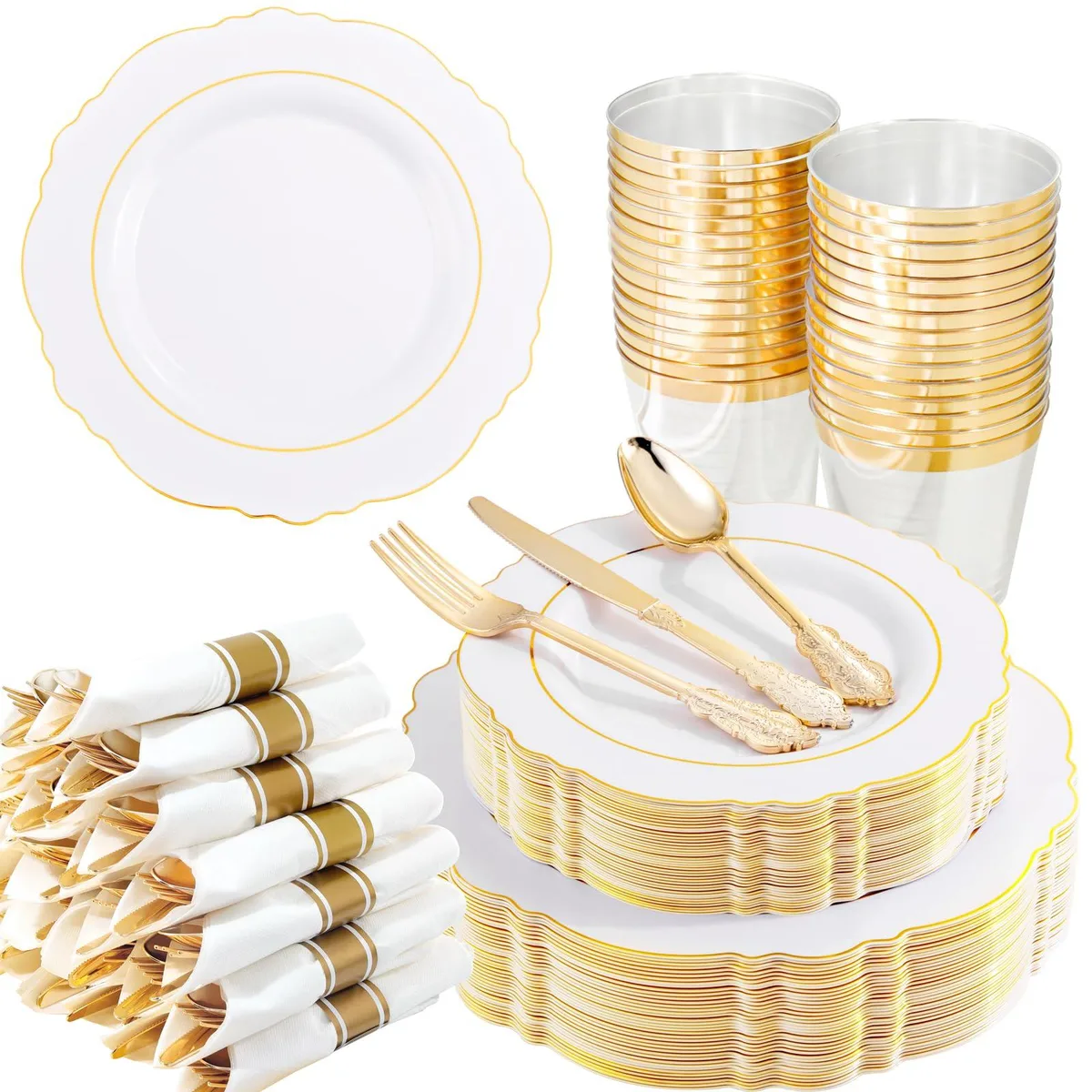 White and gold plastic dinnerware set in box, 350 pieces for 50 guests