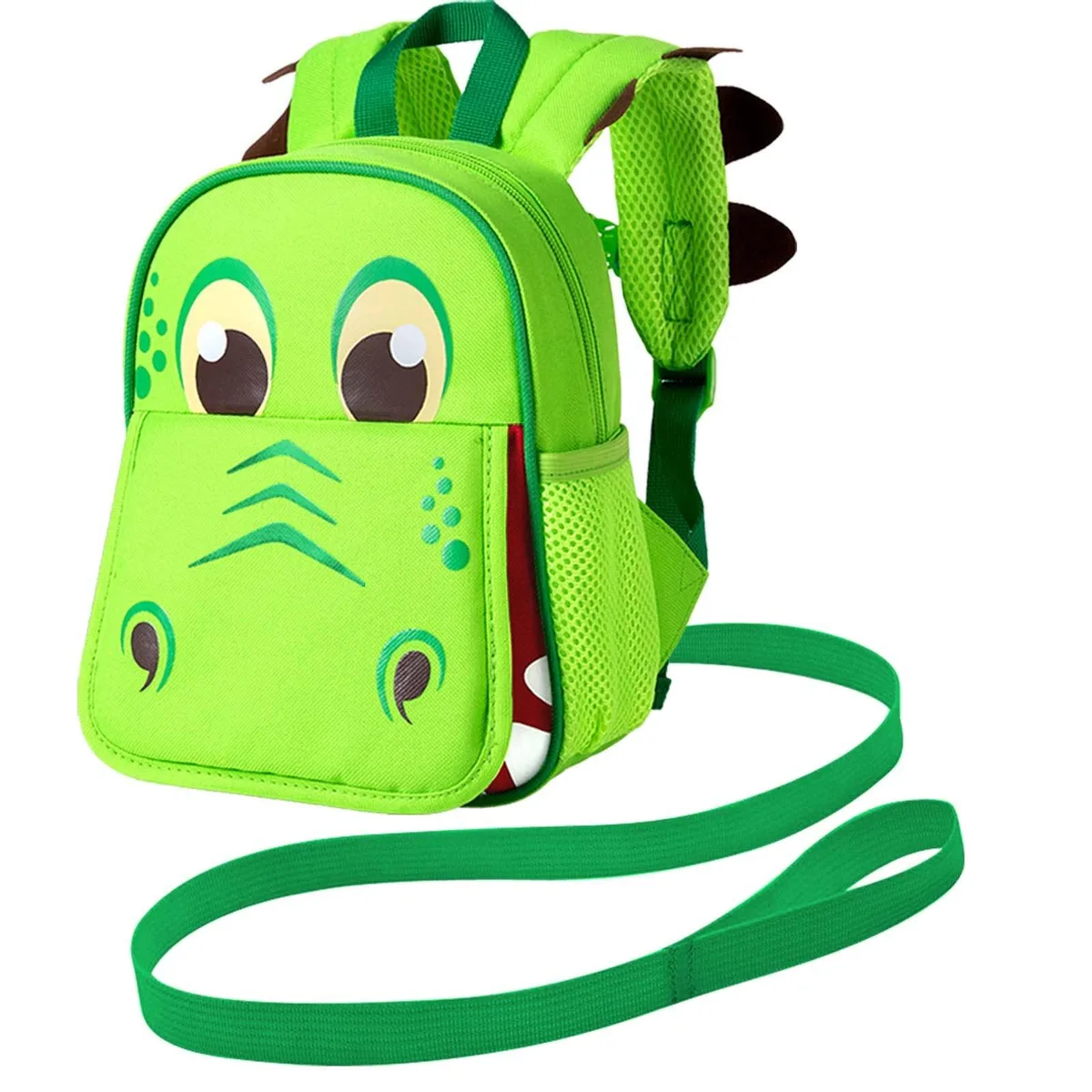 Small blue dinosaur toddler backpack with detachable leash and chest buckle