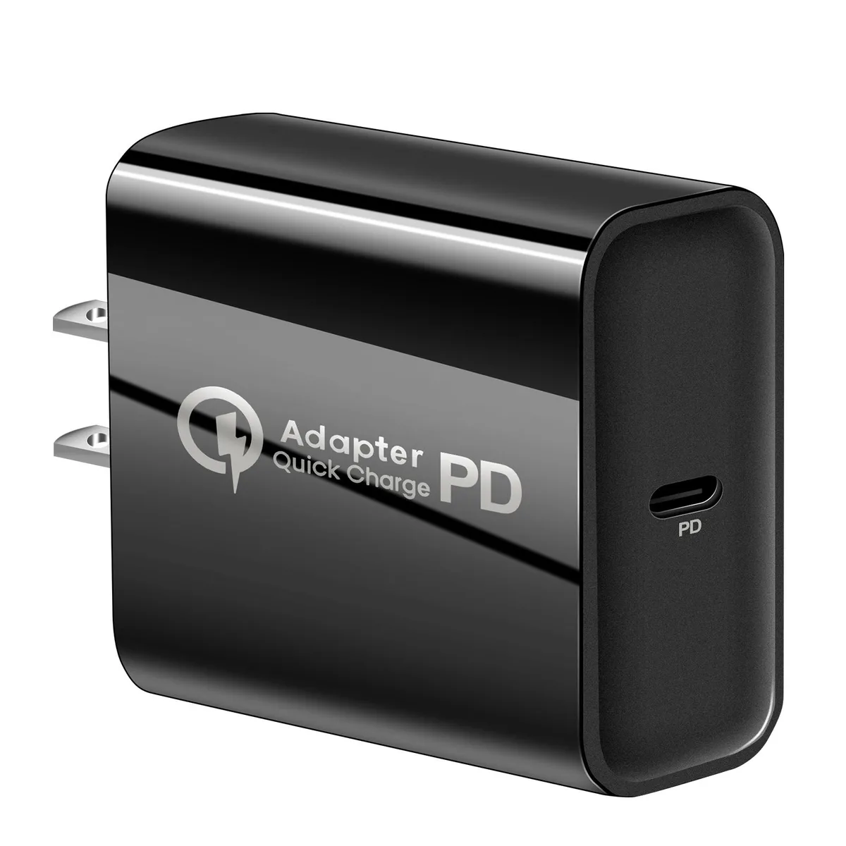 Compact white USB-C wall charger with folding US prongs, 48 by 46 by 28 mm