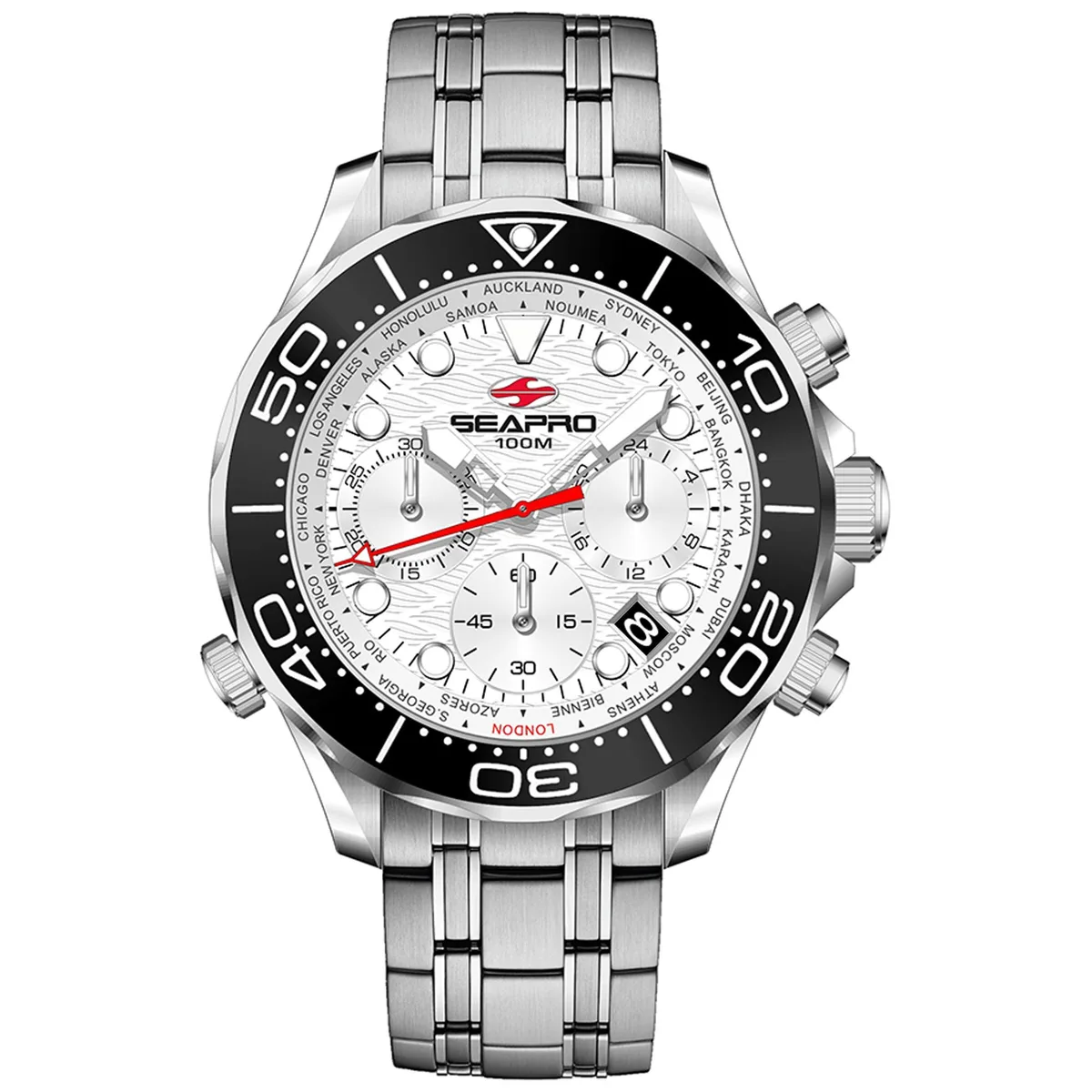 Silver stainless steel watch with white dial and metal bracelet